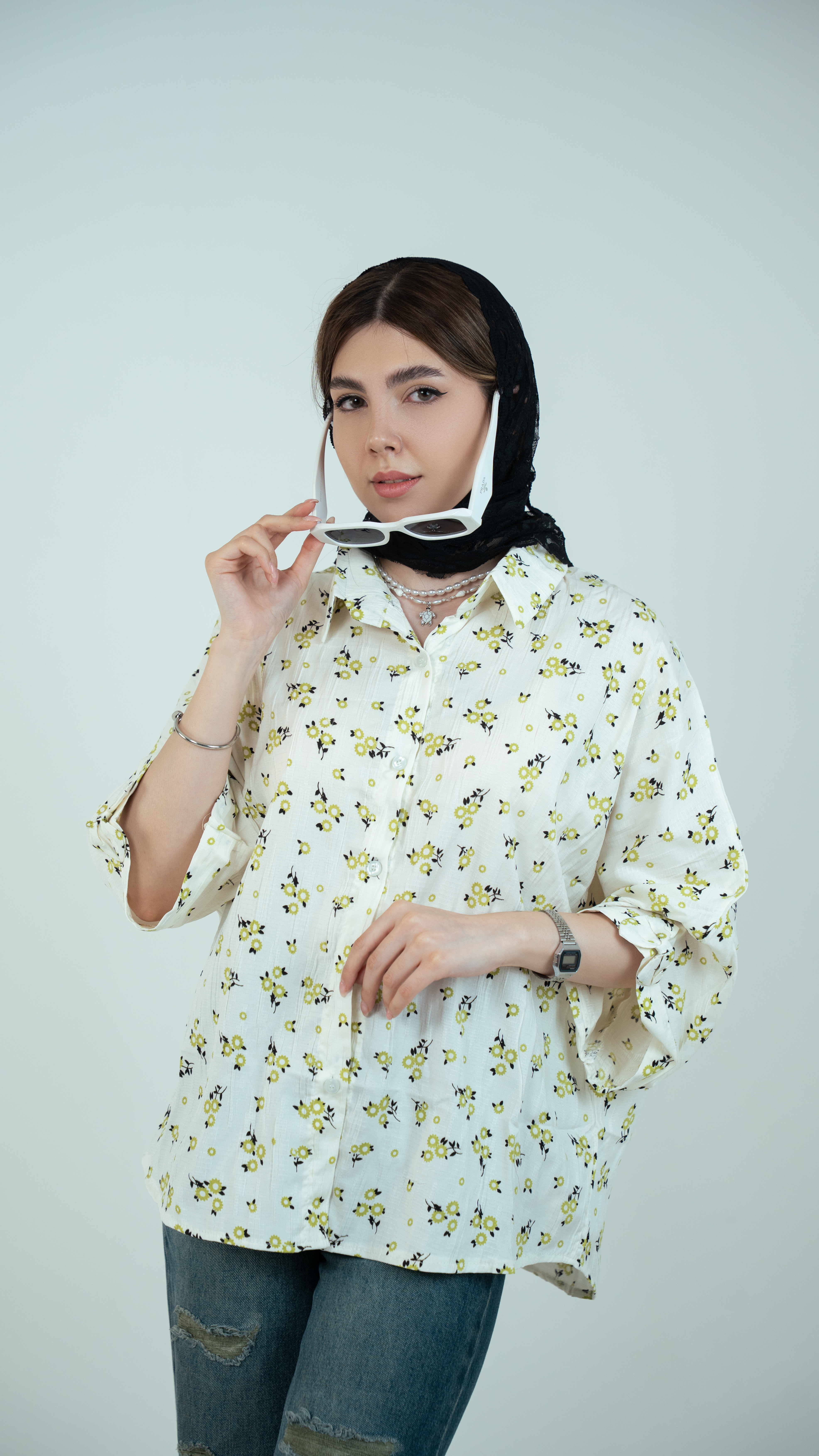 شومیز گل گچی آستین پاپیونی