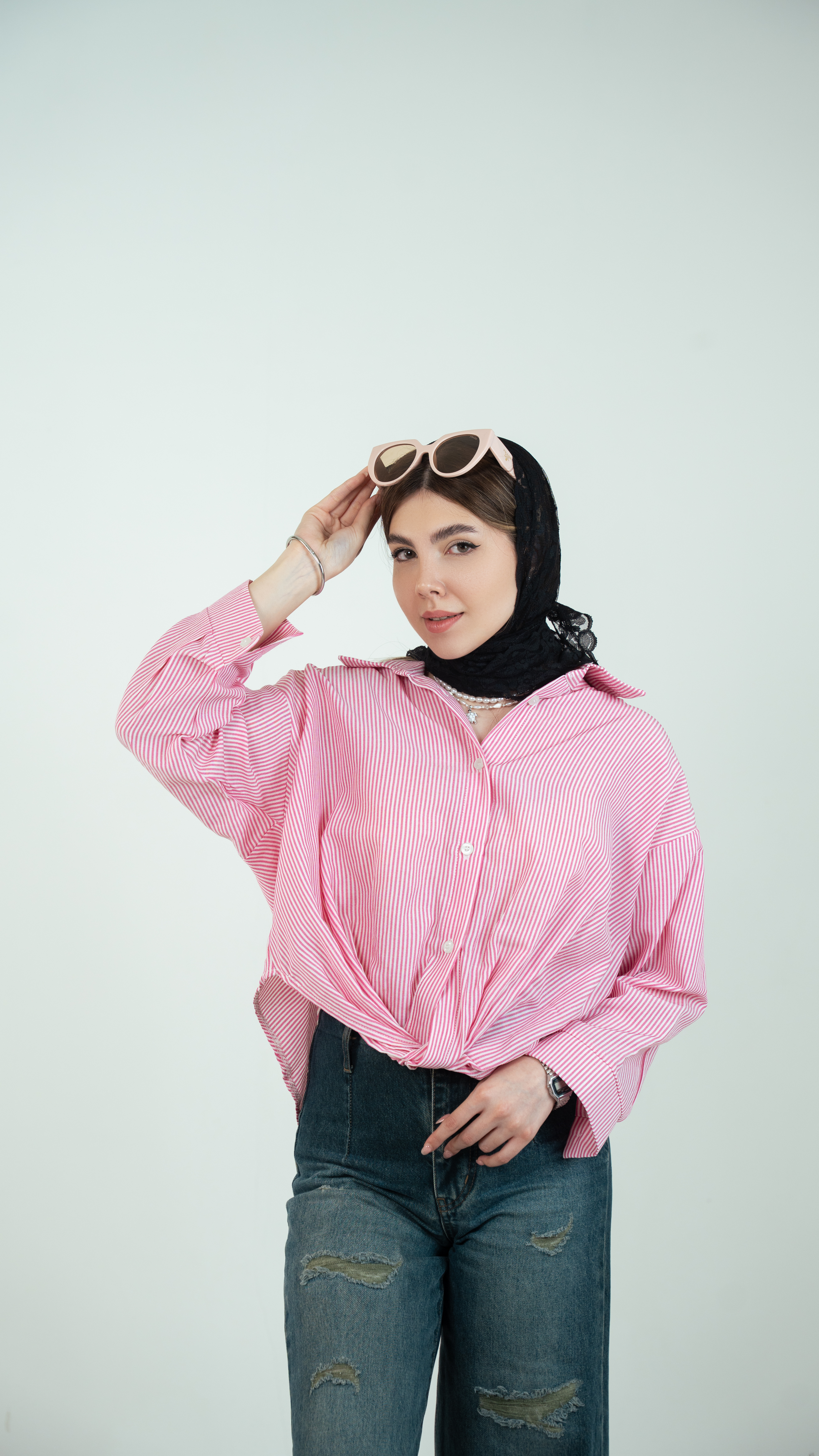 شومیز گره ثابت راه راه از جنس پارچه تترون